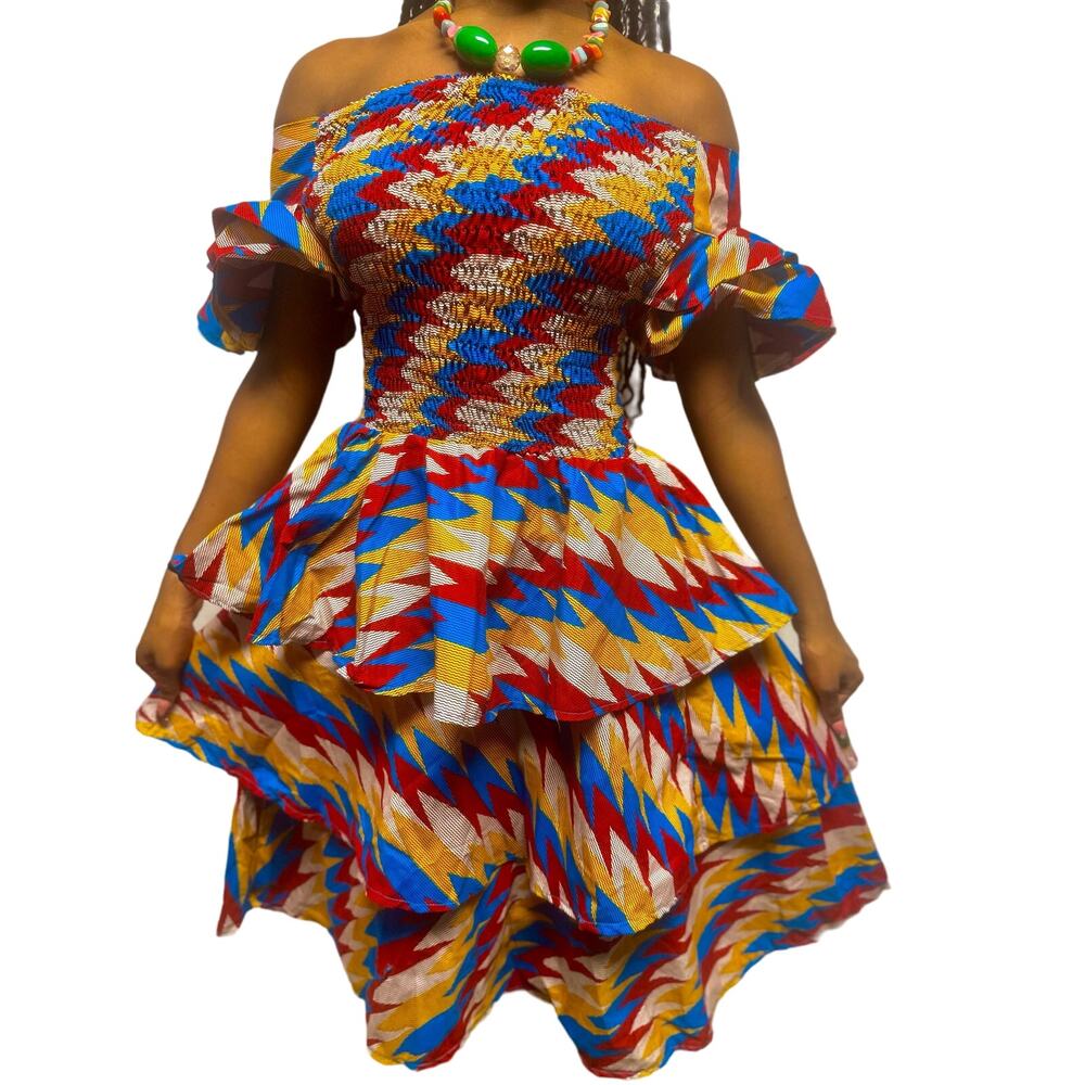 Beautiful African print flowy shoulderless dress with ruffles and cinched waist